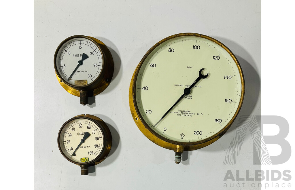 Large Vintage National Instrument Co Pressure Gauge with Brass Body Esdex and Instrument Engineering Pressure Gauges