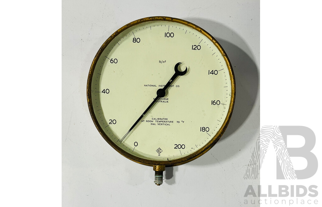 Large Vintage National Instrument Co Pressure Gauge with Brass Body Esdex and Instrument Engineering Pressure Gauges