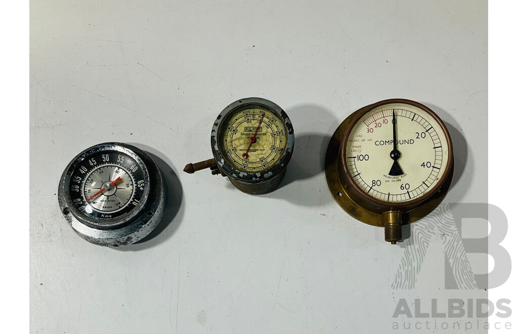 Vintage Elliott Siemens Brothers Speed Indicator, Aqua Meter Speedboat Speedometer and Brass Body Vacuum/Pressure Gauge