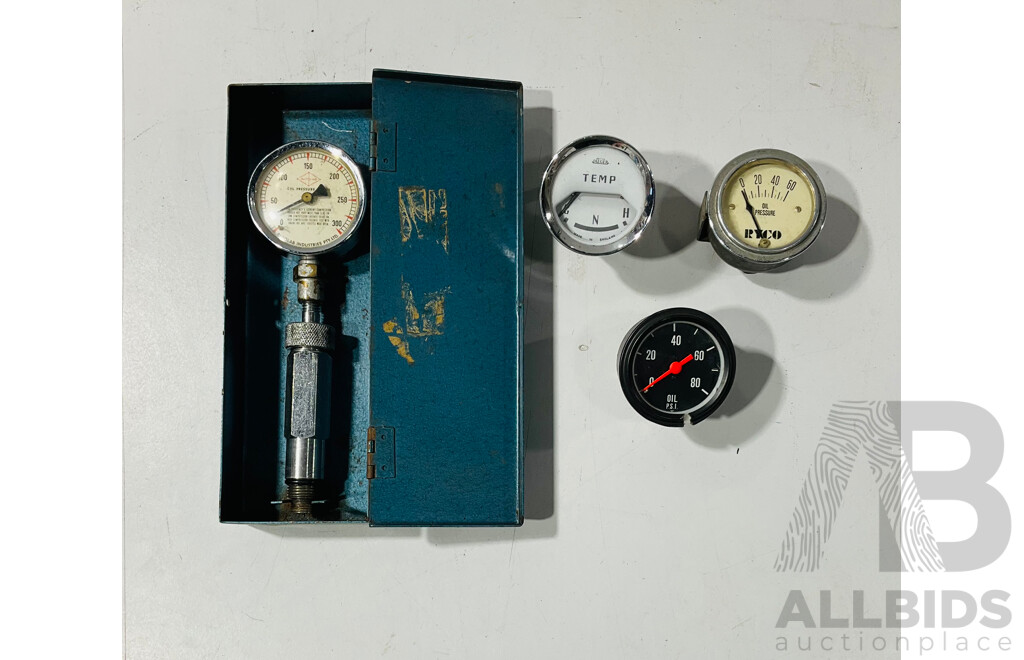 Vintage Vane Instruments Cylinder Pressure Gauge in Original Case, Ryco Oil Pressure Gauge, Jaeger Temperature Gauge