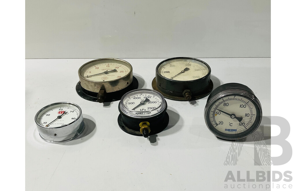 Five Vintage Australian Gauges Including R.V.B, Budenberg, S.I.C.O, Dobbie, Mauri Brothers Thomson Ltd