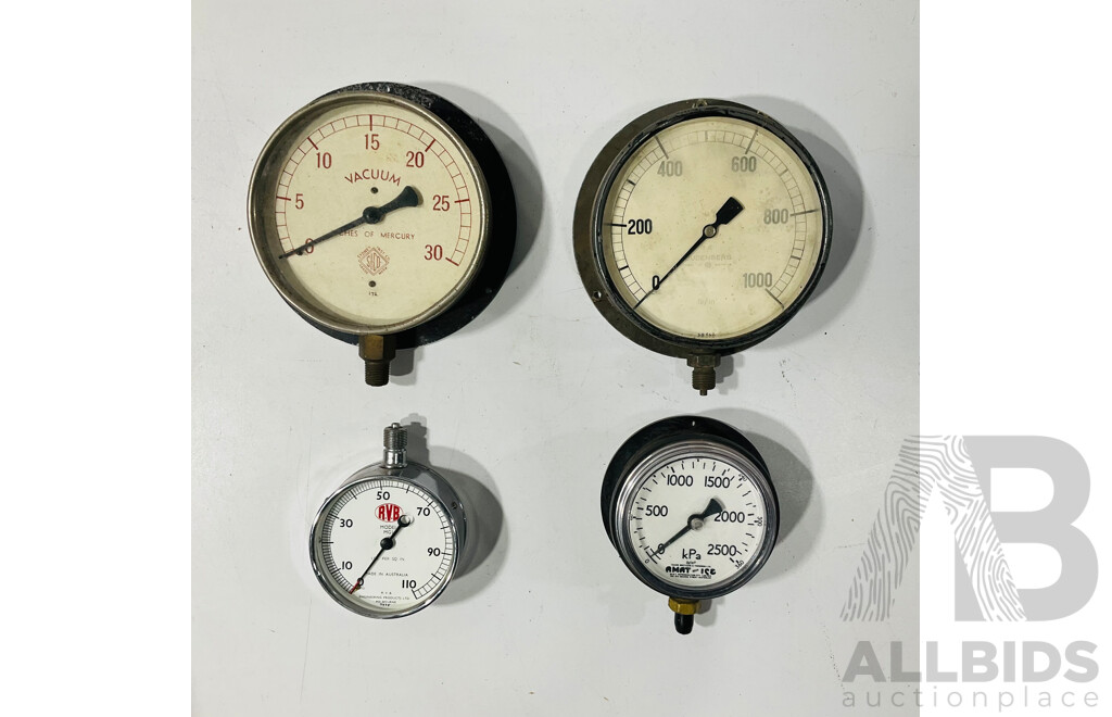 Five Vintage Australian Gauges Including R.V.B, Budenberg, S.I.C.O, Dobbie, Mauri Brothers Thomson Ltd