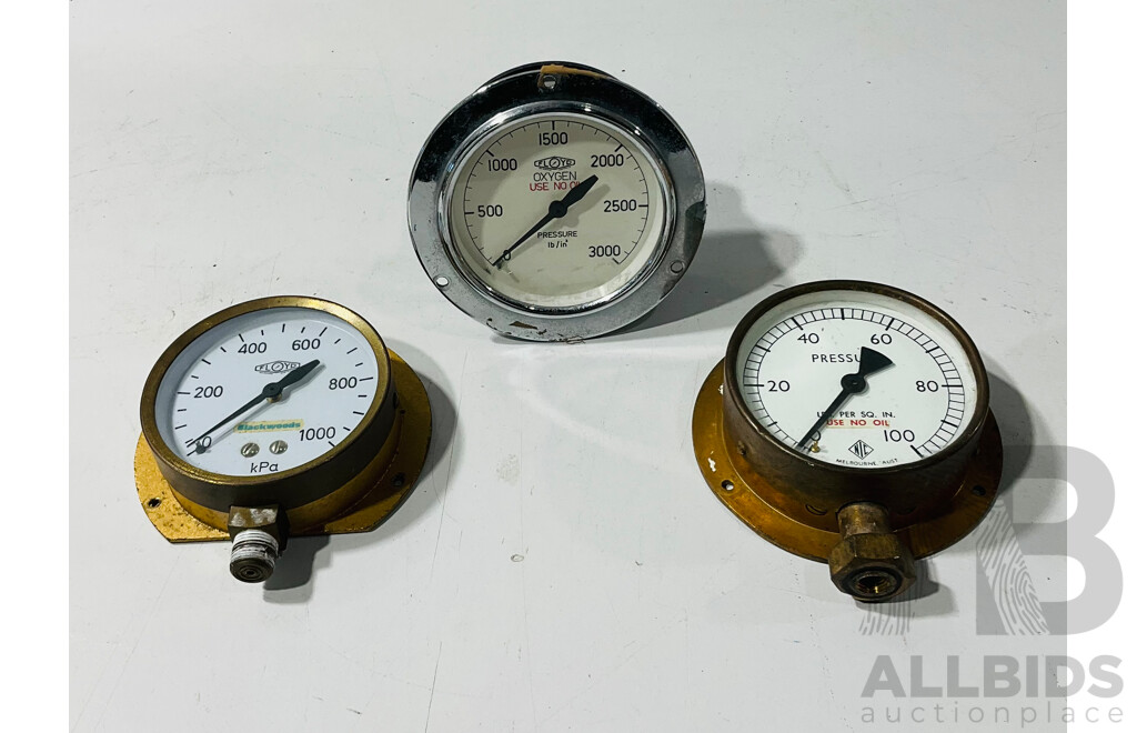 Three Vintage Australian Gauges Including Floyd Oxygen and Pressure and NIC Pressure