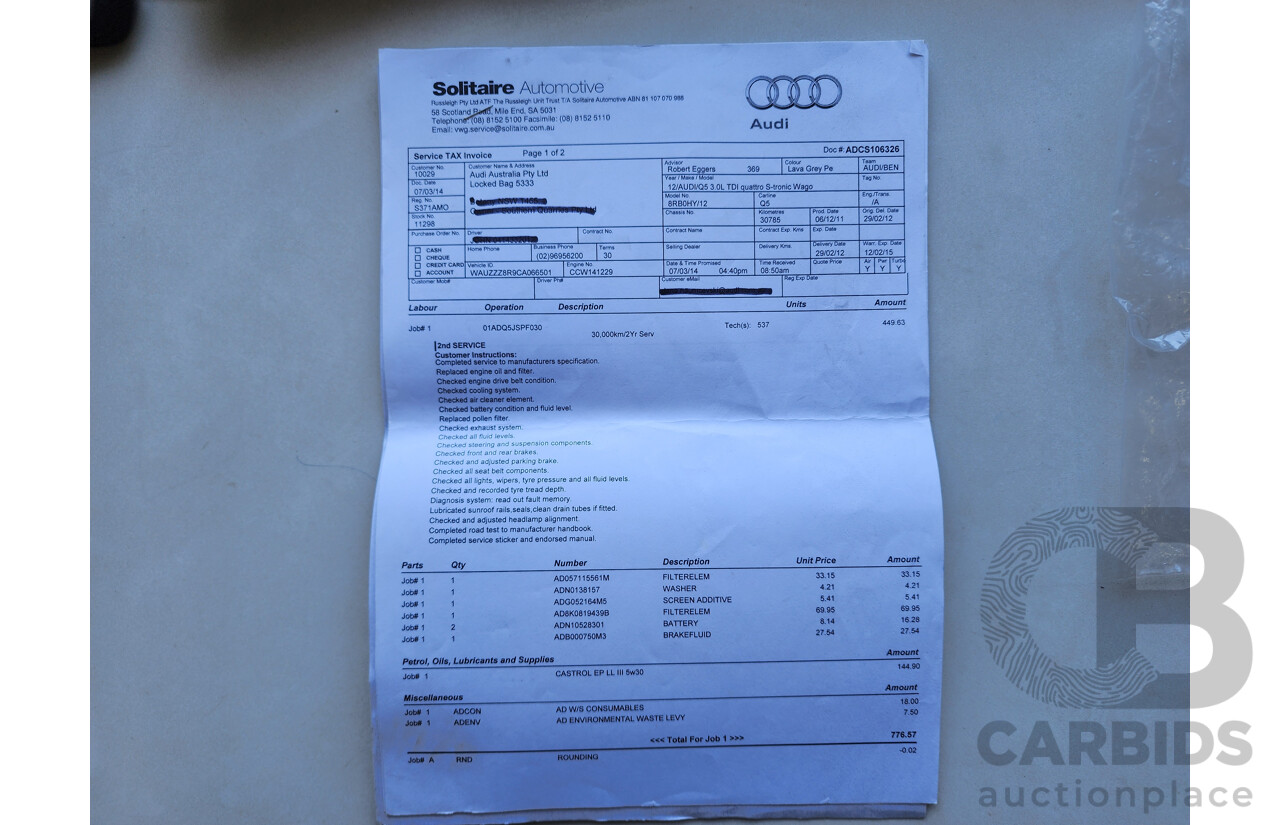 2/2012 Audi Q5 3.0 TDI Quattro 8R MY12 4d Wagon Grey 3.0L