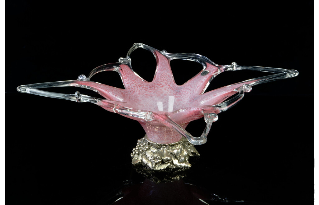 Fantastic Italian Mid Century Murano Hand Blown Glass Centerpiece Bowl with Pewter Stand with Grape and Vine Motif and Original Label by Cristalleria Arzaneze
