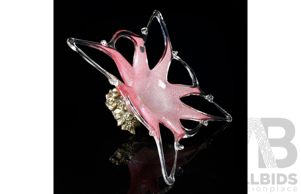 Fantastic Italian Mid Century Murano Hand Blown Glass Centerpiece Bowl with Pewter Stand with Grape and Vine Motif and Original Label by Cristalleria Arzaneze