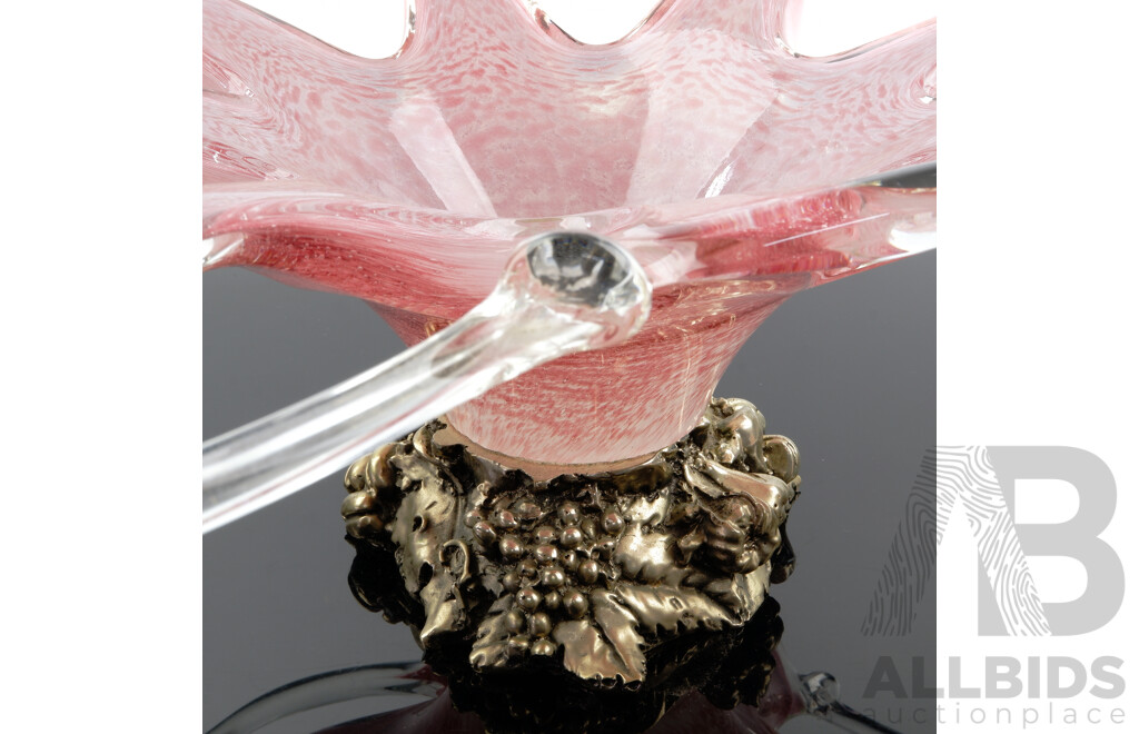 Fantastic Italian Mid Century Murano Hand Blown Glass Centerpiece Bowl with Pewter Stand with Grape and Vine Motif and Original Label by Cristalleria Arzaneze