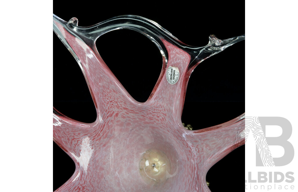 Fantastic Italian Mid Century Murano Hand Blown Glass Centerpiece Bowl with Pewter Stand with Grape and Vine Motif and Original Label by Cristalleria Arzaneze