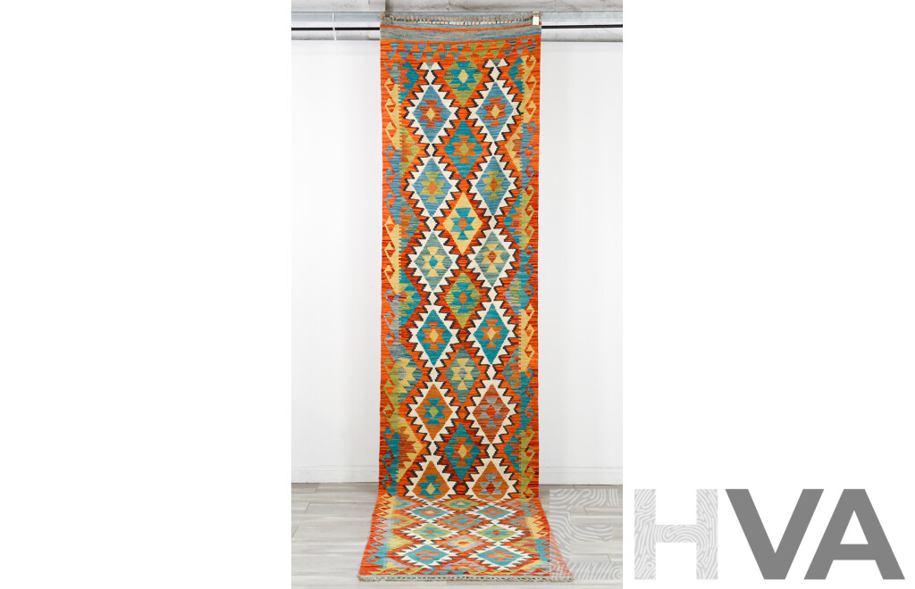 Large Hand Woven Persian Wool Slit Weave Kilim Runner with Bright Geometric Design