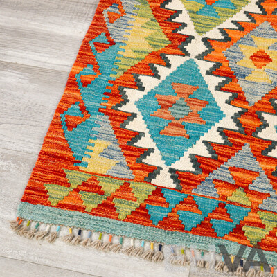 Large Hand Woven Persian Wool Slit Weave Kilim Runner with Bright Geometric Design