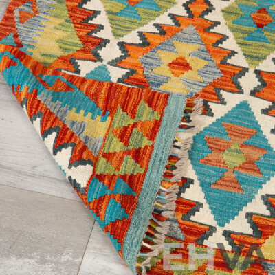 Large Hand Woven Persian Wool Slit Weave Kilim Runner with Bright Geometric Design