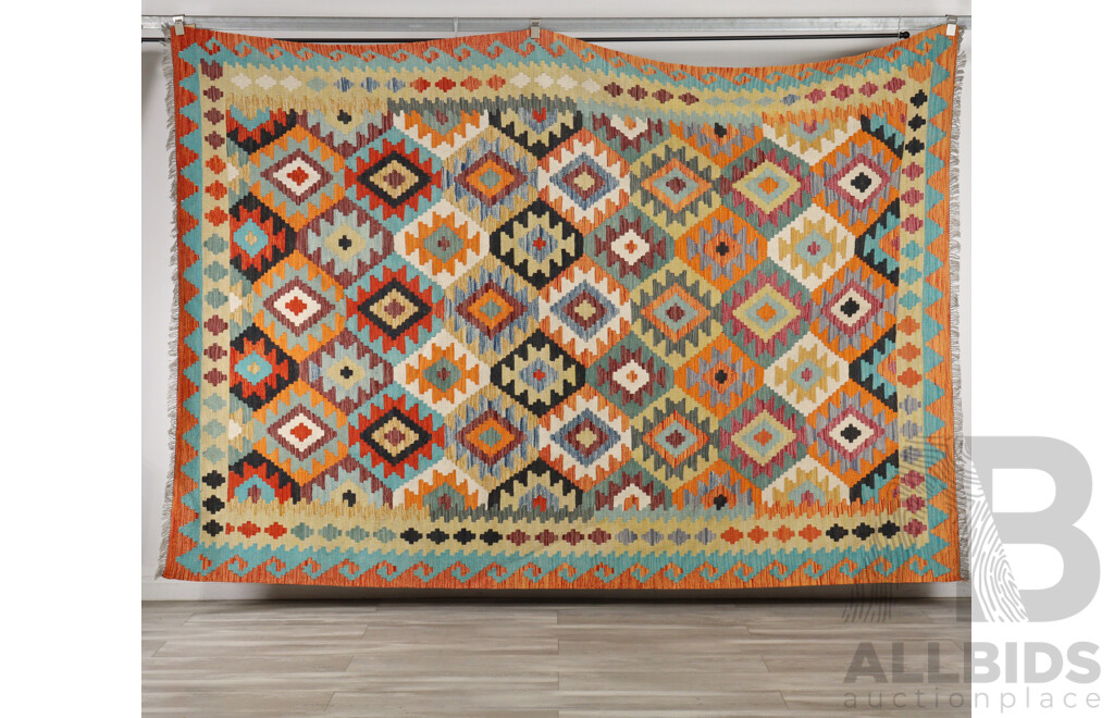Large Hand Woven Afghan Wool Slit Weave Kilim with Bright Design