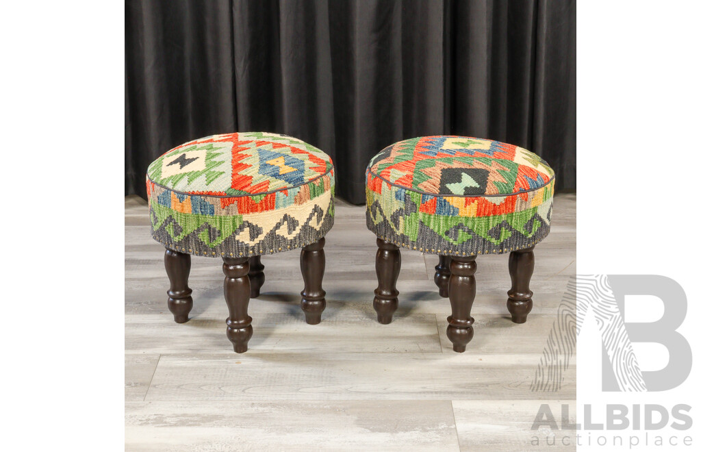 Set of Three Kilim Covered Footstools