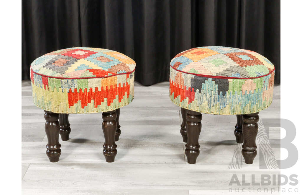 Set of Three Kilim Covered Footstools
