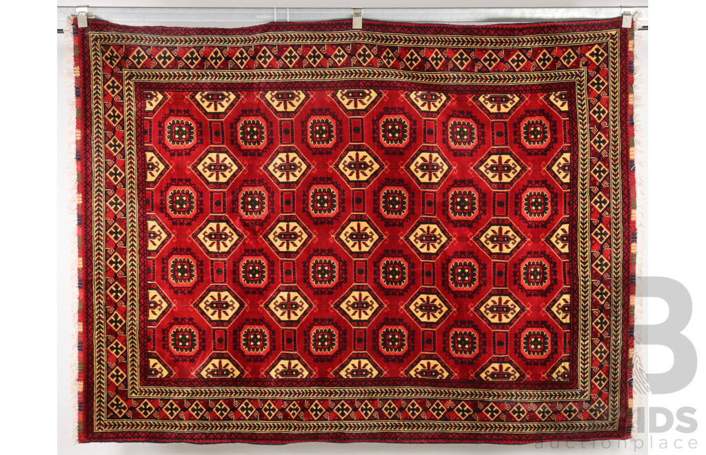 Large Hand Knotted Afghan Tight Wool Carpet with Traditional Octagonal Gul Design