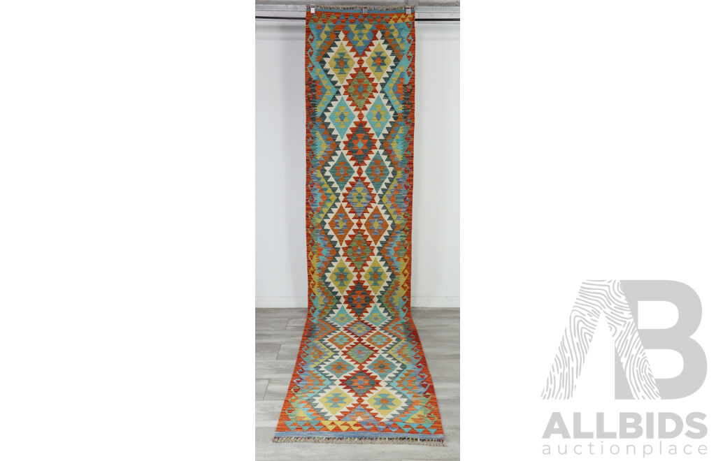 Large Hand Woven Persian Wool Slit Weave Kilim Runner with Bright Geometric Design