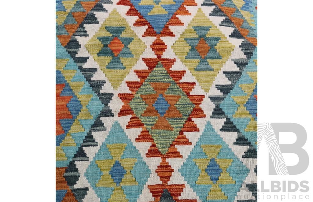 Large Hand Woven Persian Wool Slit Weave Kilim Runner with Bright Geometric Design