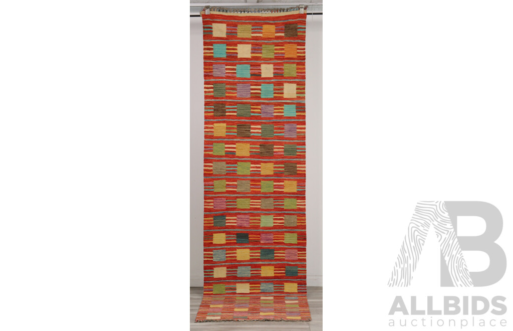 Large Hand Woven Persian Wool Slit Weave Kilim Runner with Bright Geometric Design
