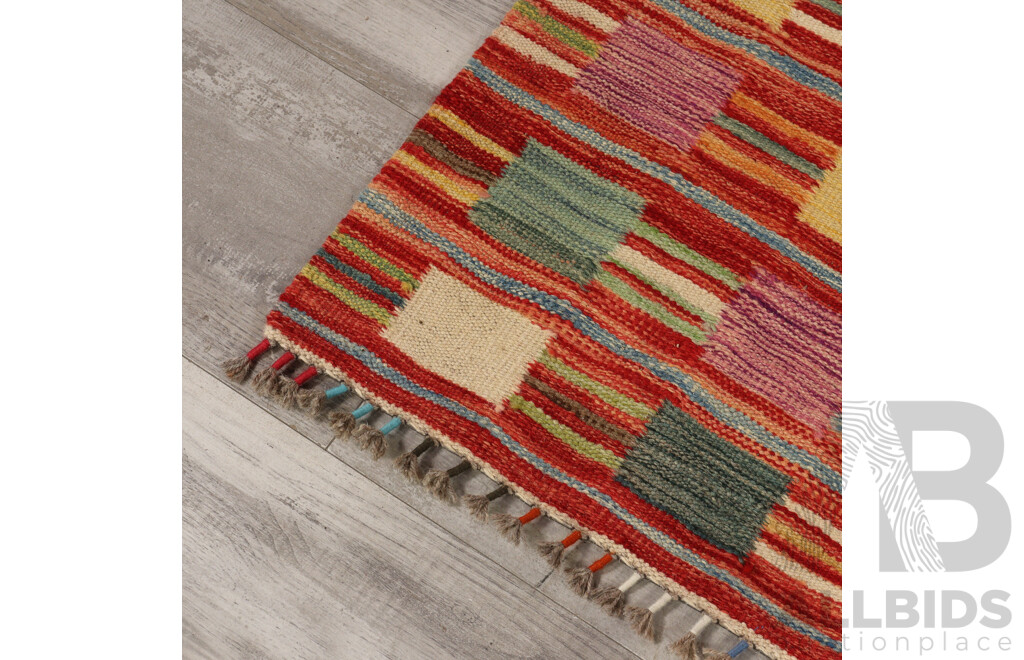 Large Hand Woven Persian Wool Slit Weave Kilim Runner with Bright Geometric Design