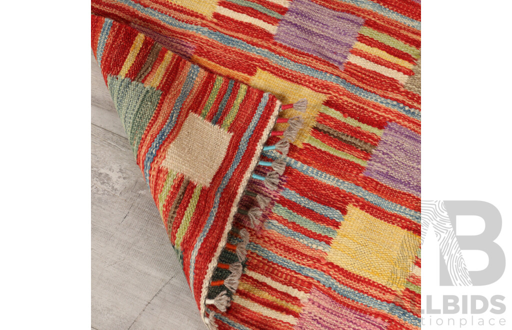Large Hand Woven Persian Wool Slit Weave Kilim Runner with Bright Geometric Design