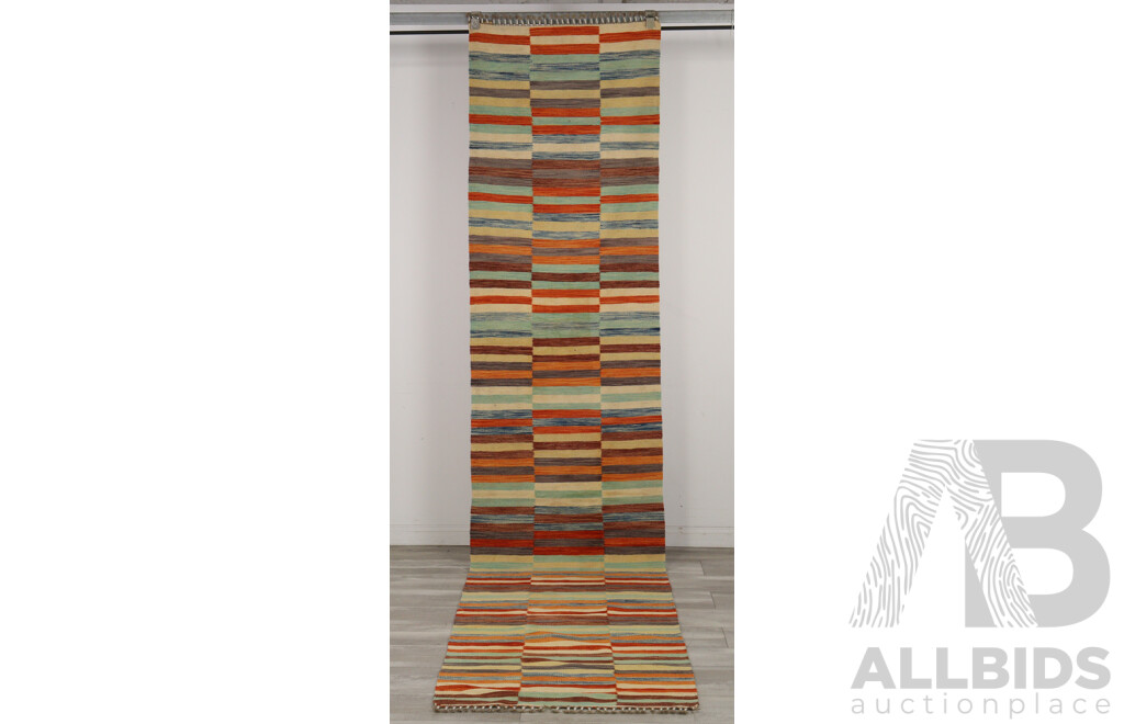 Large Hand Woven Persian Wool Slit Weave Kilim Runner with Bright Contemporary Design