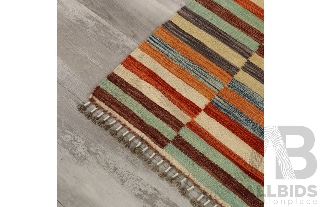Large Hand Woven Persian Wool Slit Weave Kilim Runner with Bright Contemporary Design