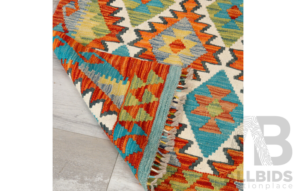 Large Hand Woven Persian Wool Slit Weave Kilim Runner with Bright Geometric Design