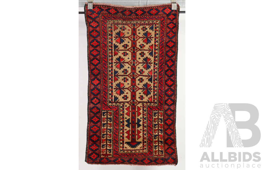 Vintage Hand Woven Afghan Baluchi Prayer Wool Rug with Mihrab, Tree of Life Design