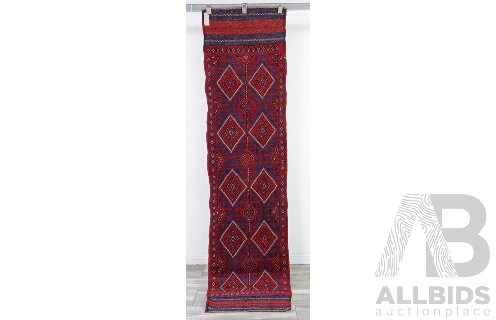 Hand Knotted Wool Afghan Runner with Blue and Red Theme