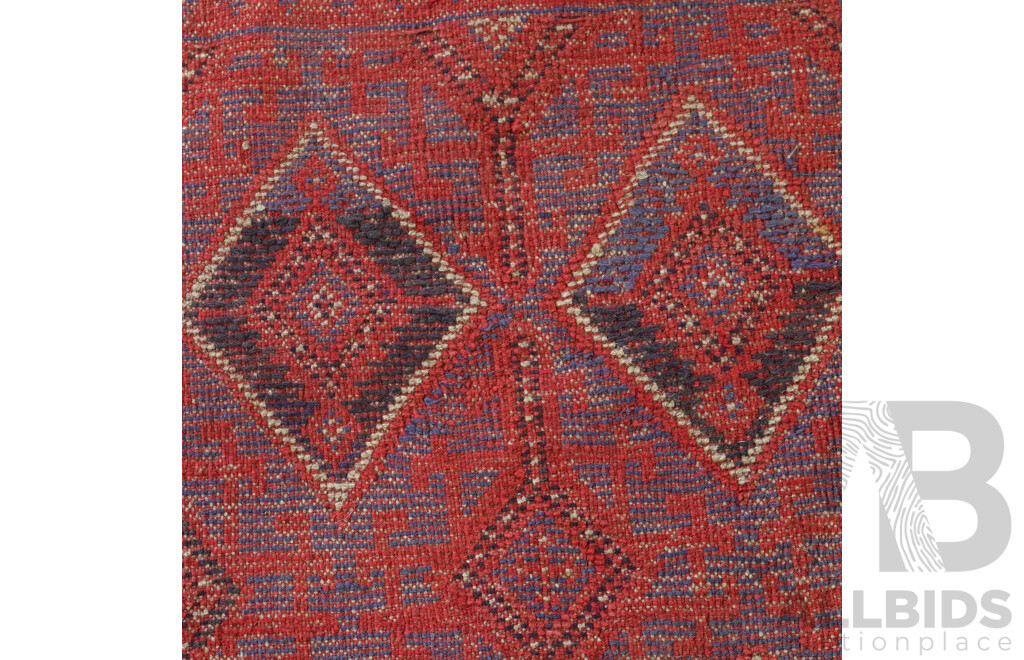 Hand Knotted Wool Afghan Runner with Blue and Red Theme