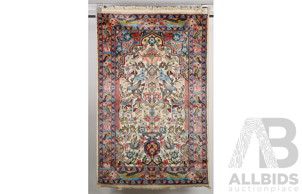 Vintage Hand Knotted Persian Nain Wool Rug with Vase Design and Silk Highlights