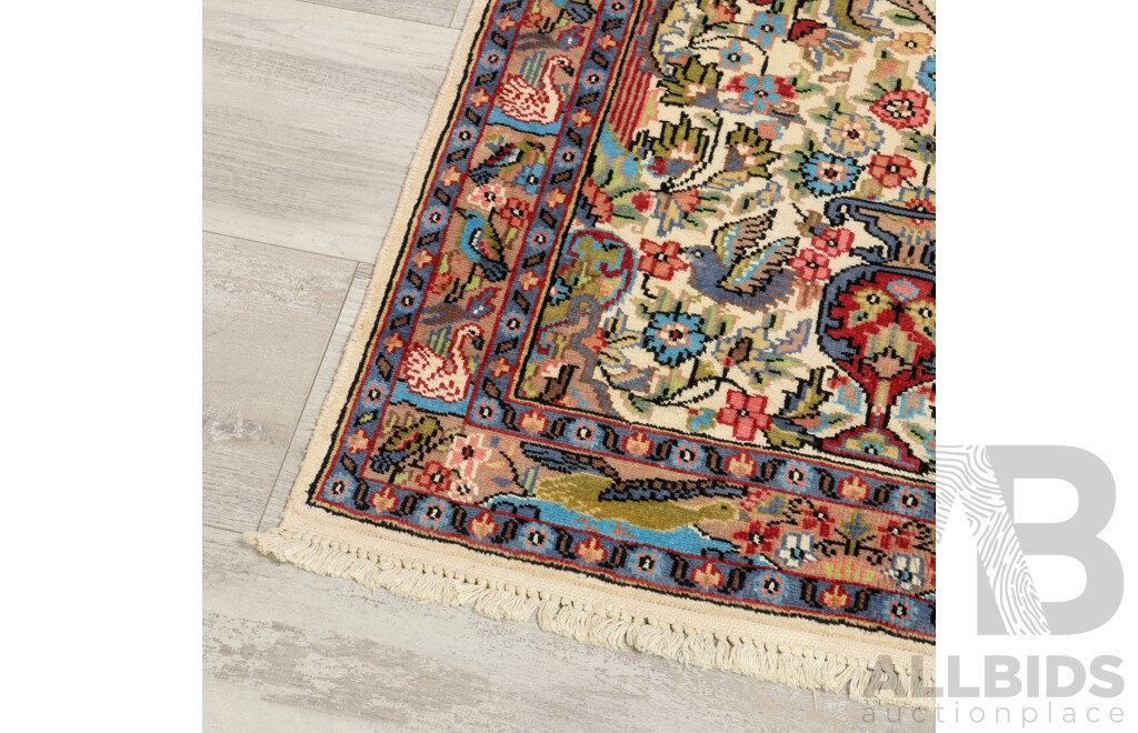 Vintage Hand Knotted Persian Nain Wool Rug with Vase Design and Silk Highlights