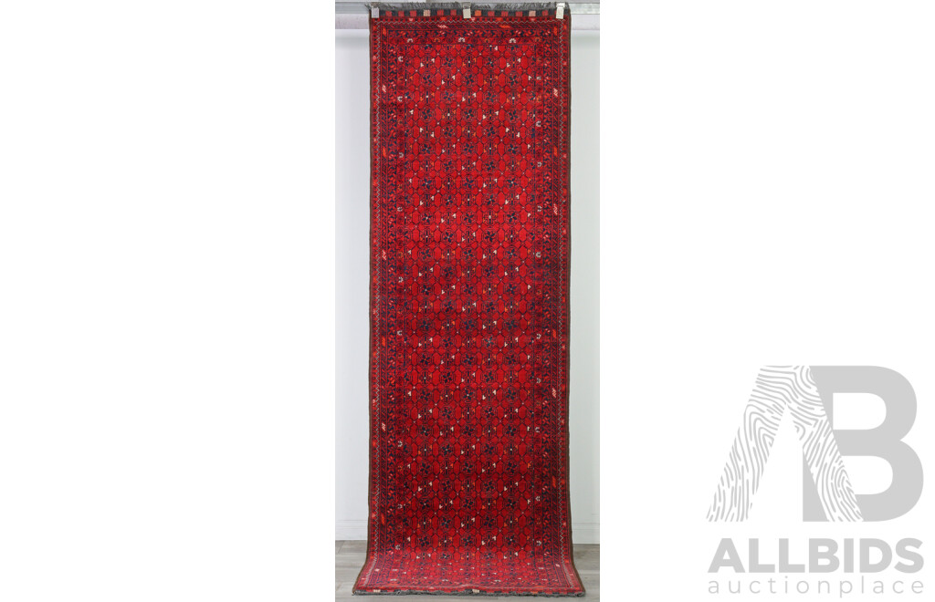 Hand Knotted Thick Wool Afghan Runner with Traditional Gul Design