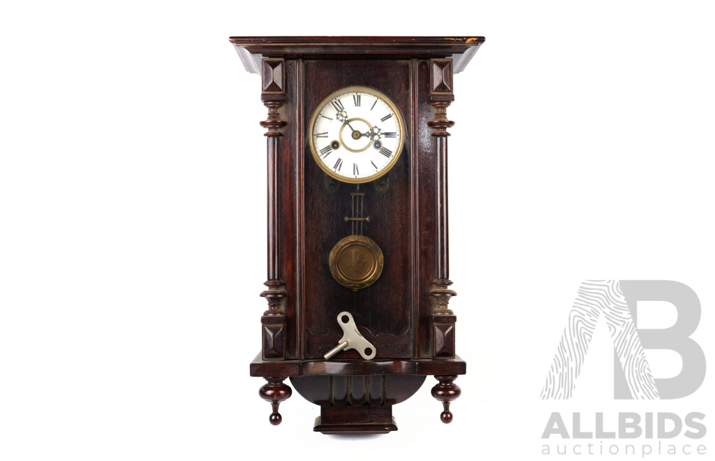 Vintage Timber Chiming Wall Clock with Turned Finials and Enameled Roman Numeral Face