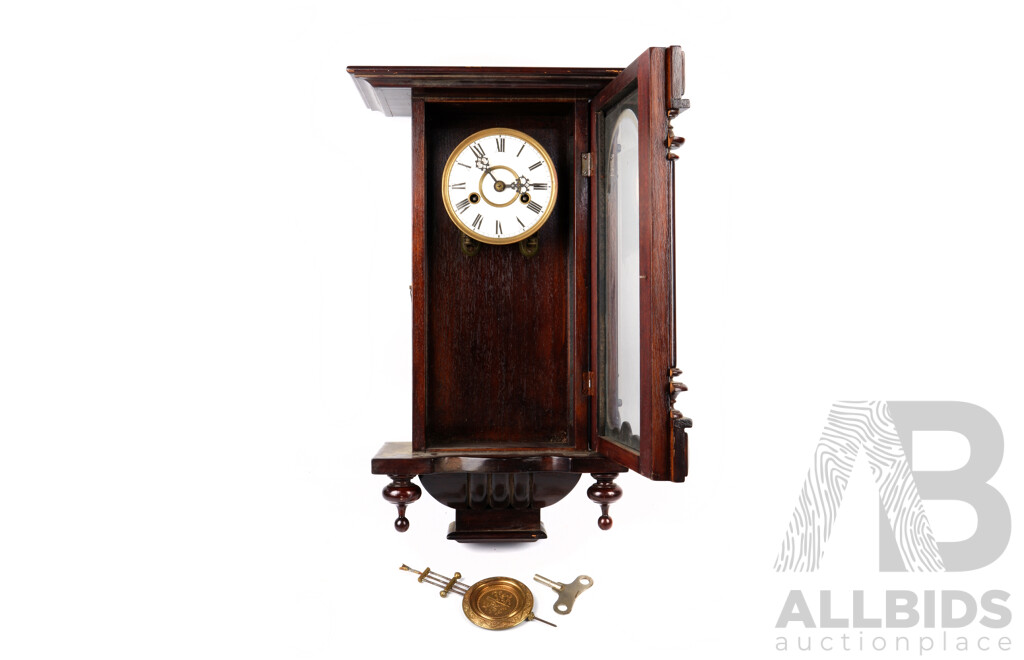 Vintage Timber Chiming Wall Clock with Turned Finials and Enameled Roman Numeral Face