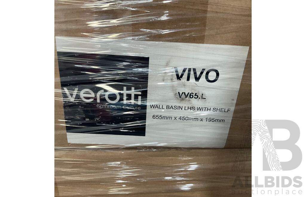 Pallet of VEROTTI VIVO Wall Basin RHS with Left Shelf - Total in 24
