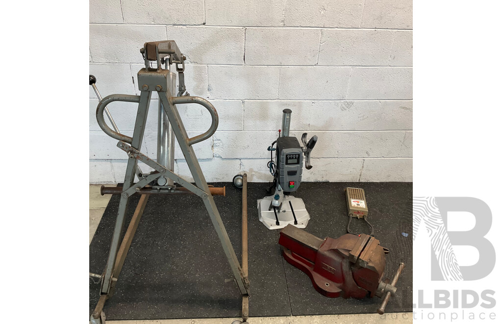 FERREX Electric Drill Press & Folding Crane & Vintage Dawn Vice & Battery Load Tester