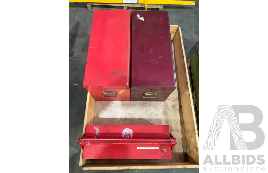 3 Toolboxes Containing Assorted Hardware - Hammers, Ratchets, Screwdrivers, Pliers, Files, Wrenches, Scissors