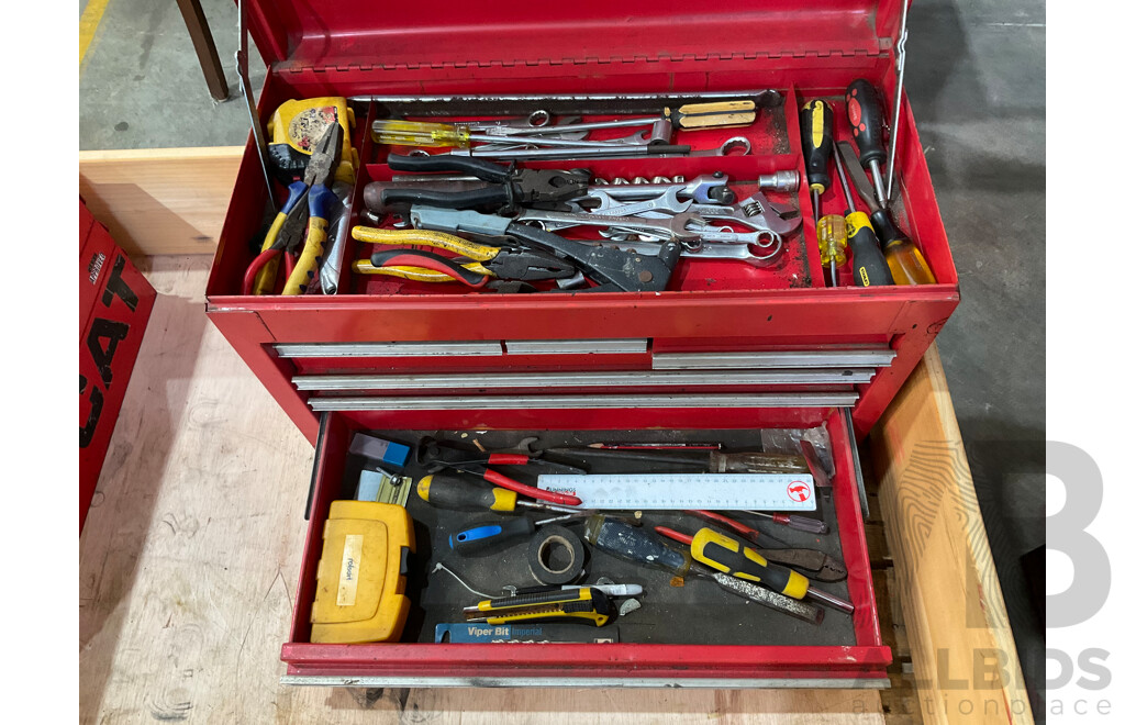 3 Toolboxes Containing Assorted Hardware - Hammers, Ratchets, Screwdrivers, Pliers, Files, Wrenches, Scissors