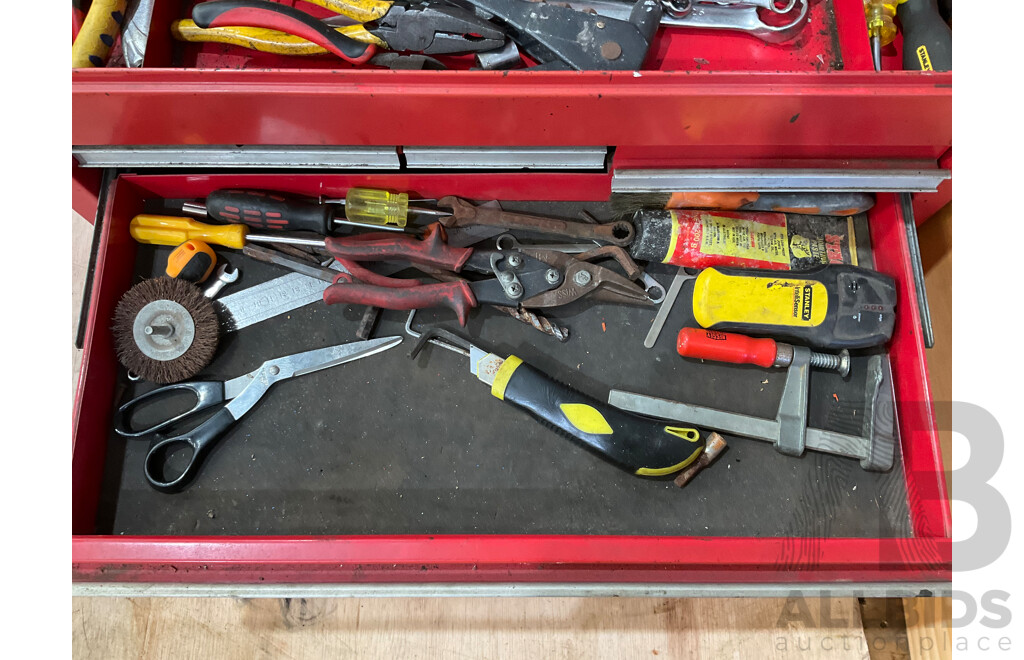 3 Toolboxes Containing Assorted Hardware - Hammers, Ratchets, Screwdrivers, Pliers, Files, Wrenches, Scissors
