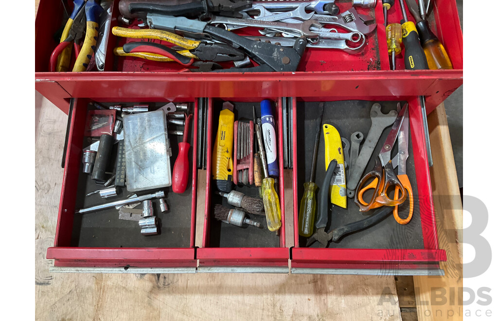 3 Toolboxes Containing Assorted Hardware - Hammers, Ratchets, Screwdrivers, Pliers, Files, Wrenches, Scissors