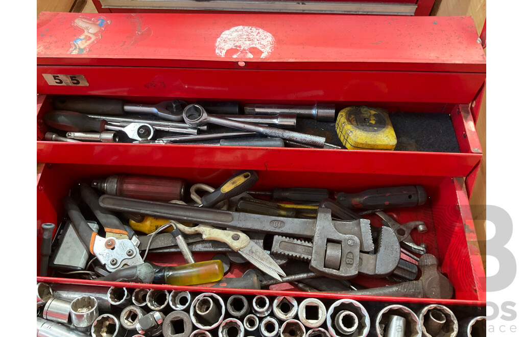 3 Toolboxes Containing Assorted Hardware - Hammers, Ratchets, Screwdrivers, Pliers, Files, Wrenches, Scissors