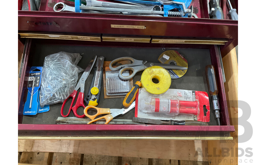 3 Toolboxes Containing Assorted Hardware - Hammers, Ratchets, Screwdrivers, Pliers, Files, Wrenches, Scissors