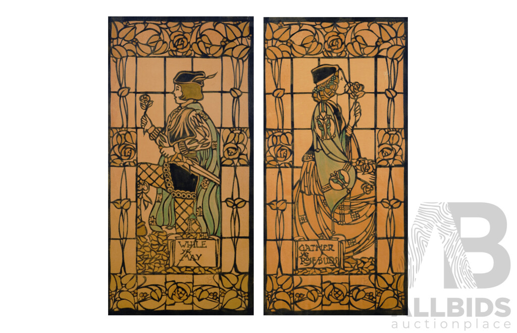 Alexander Gascoyne, (British, 1877-1927), Gather Ye Rosebuds & While Ye May, Ashmore Leather & Ink on Pressed Wood of Original Medieval Style Stained Glass Panel (1906), 51 x cm (2)