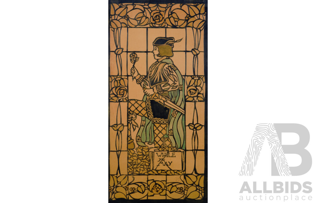 Alexander Gascoyne, (British, 1877-1927), Gather Ye Rosebuds & While Ye May, Ashmore Leather & Ink on Pressed Wood of Original Medieval Style Stained Glass Panel (1906), 51 x cm (2)