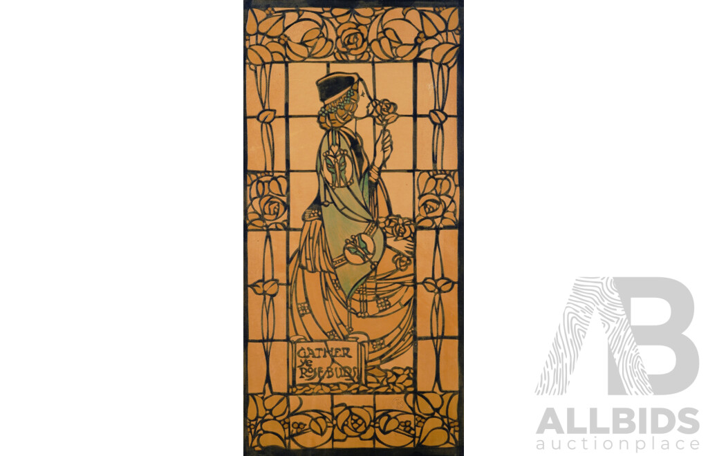 Alexander Gascoyne, (British, 1877-1927), Gather Ye Rosebuds & While Ye May, Ashmore Leather & Ink on Pressed Wood of Original Medieval Style Stained Glass Panel (1906), 51 x cm (2)