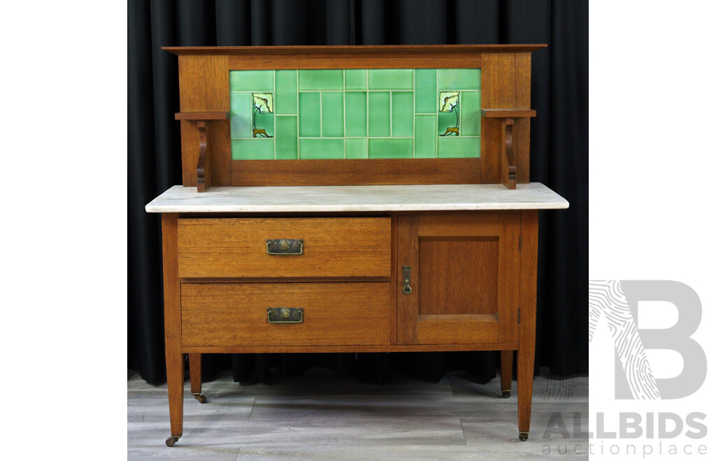 Edwardian Tile Back Washstand with Marble Top