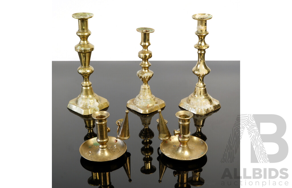Collection Three Vintage Brass Candle Holders Along with Pair Finger Candle Holders with Snuffers