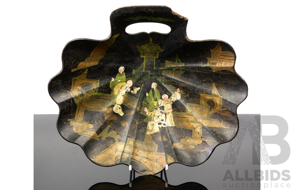 Antique French Papier Mache Scallop Form Crumb Tray with Chinoiserie Style Hand Painted Decoration, Circa 18th Century