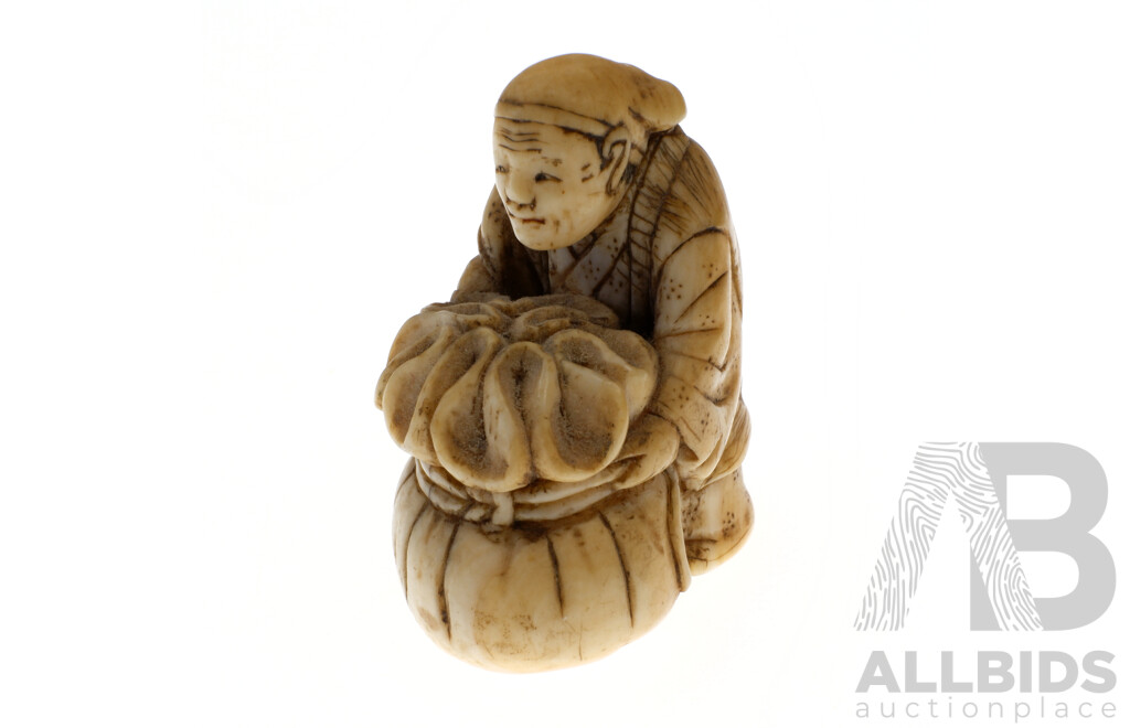 Antique Hand Carved Japanese Ivory Netsuke, Man with Water Gourd